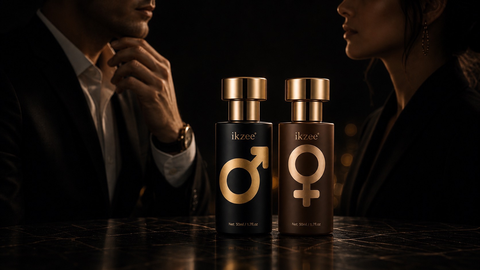 IKZEE fragrance bottles in a close-wear evening scene
